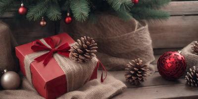 The primary subject of the image is a red bowed gift, which is placed on a table. The setting is a Christmas tree, and the visual style is a photo. The colors and mood of the image are festive and joyful, as it captures the holiday spirit.